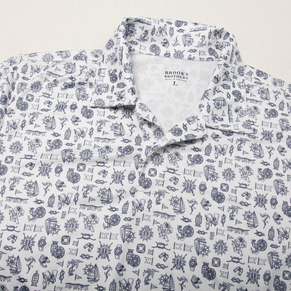 Brooks Brothers Polo Shirt Mens Large White Blue Nautical Print AOP Stretch